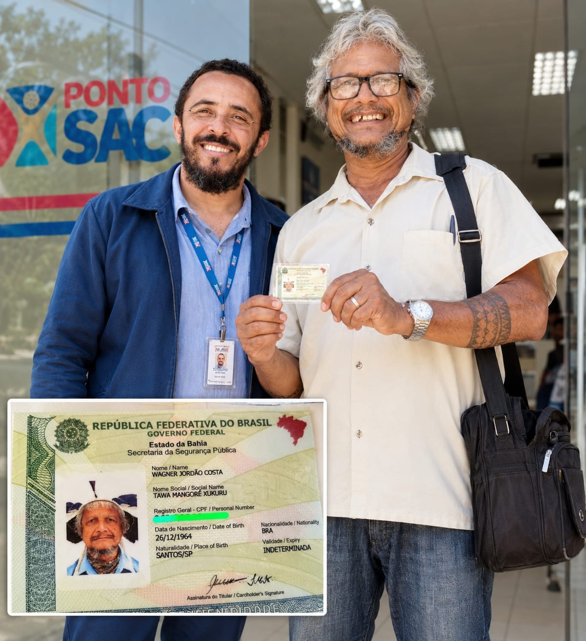 Primeiro indígena do município de Jaguaquara-BA a obter a Carteira de Identidade Nacional (CIN) utilizando o cocar e tendo seu nome social indígena registrado no documento