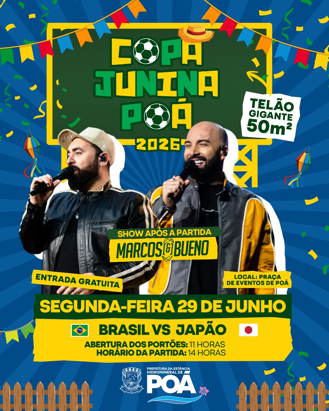 Copa Junina Poá terá transmissão de Brasil x Japão e show da dupla Marcos e Bueno nesta segunda