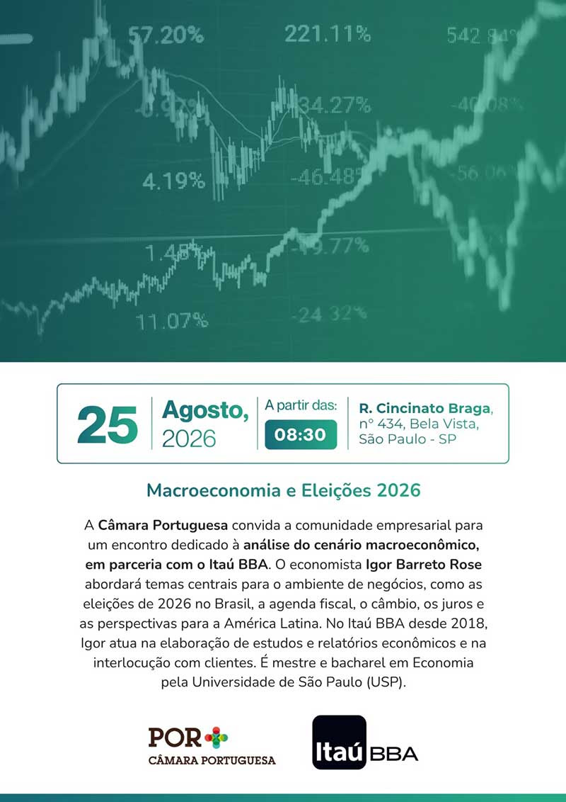Câmara Portuguesa promove encontro sobre macroeconomia e eleições de 2026 em São Paulo